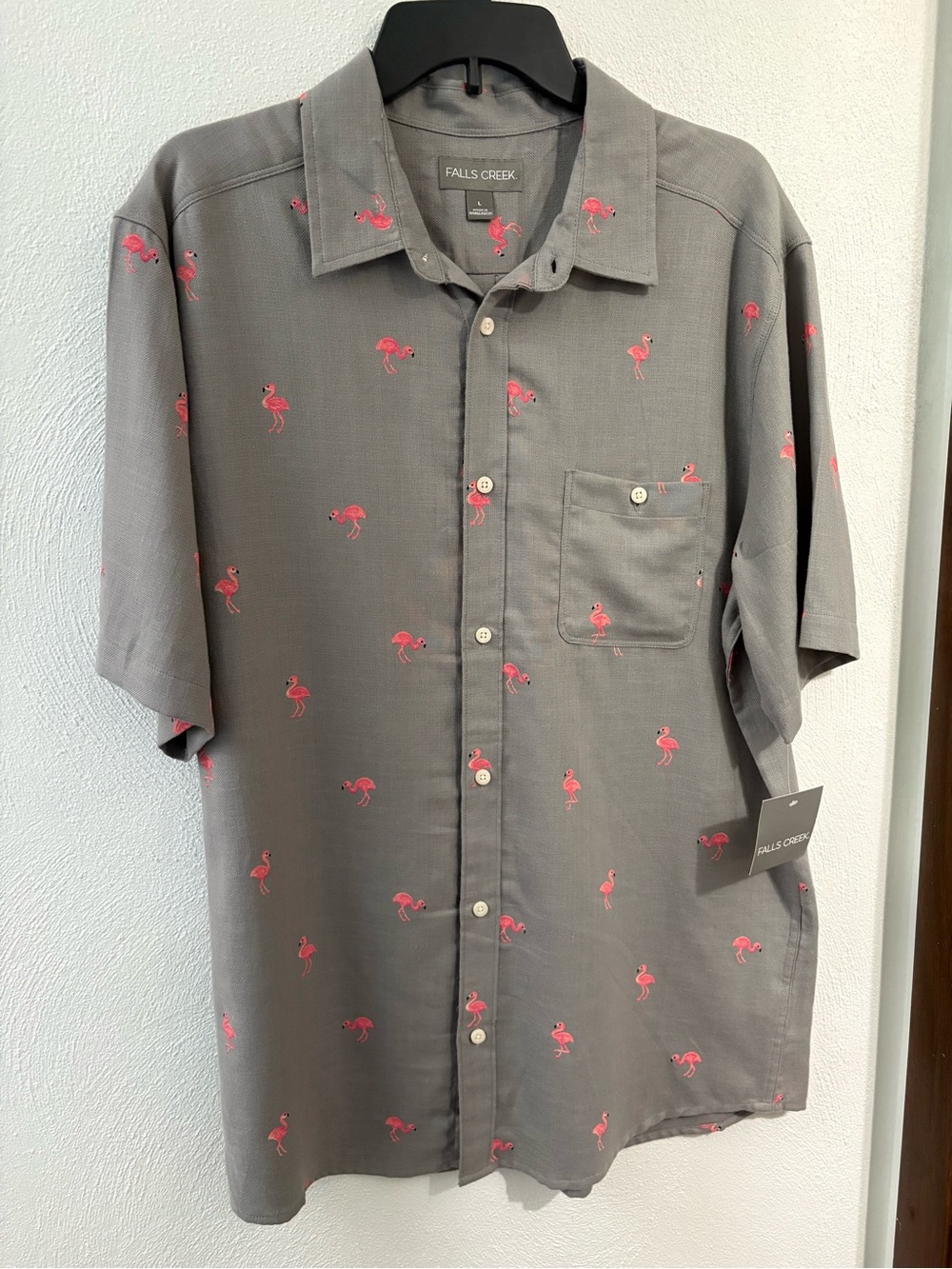 Falls Creek Gray Short-Sleeve Button-Up Shirt with Pink Flamingo Print
